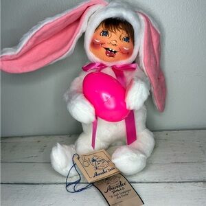 Annalee Mobilitee Doll 1999 Plush Toy Baby in White Bunny Suit Big Pink Ears